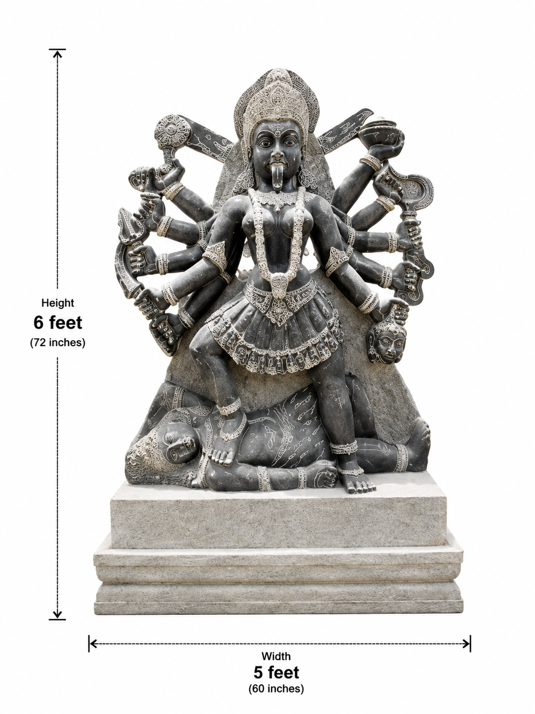 Hand-carved 6 ft Bhadrakali statue in natural stone, product view 4 highlighting the sculpture and carved details.