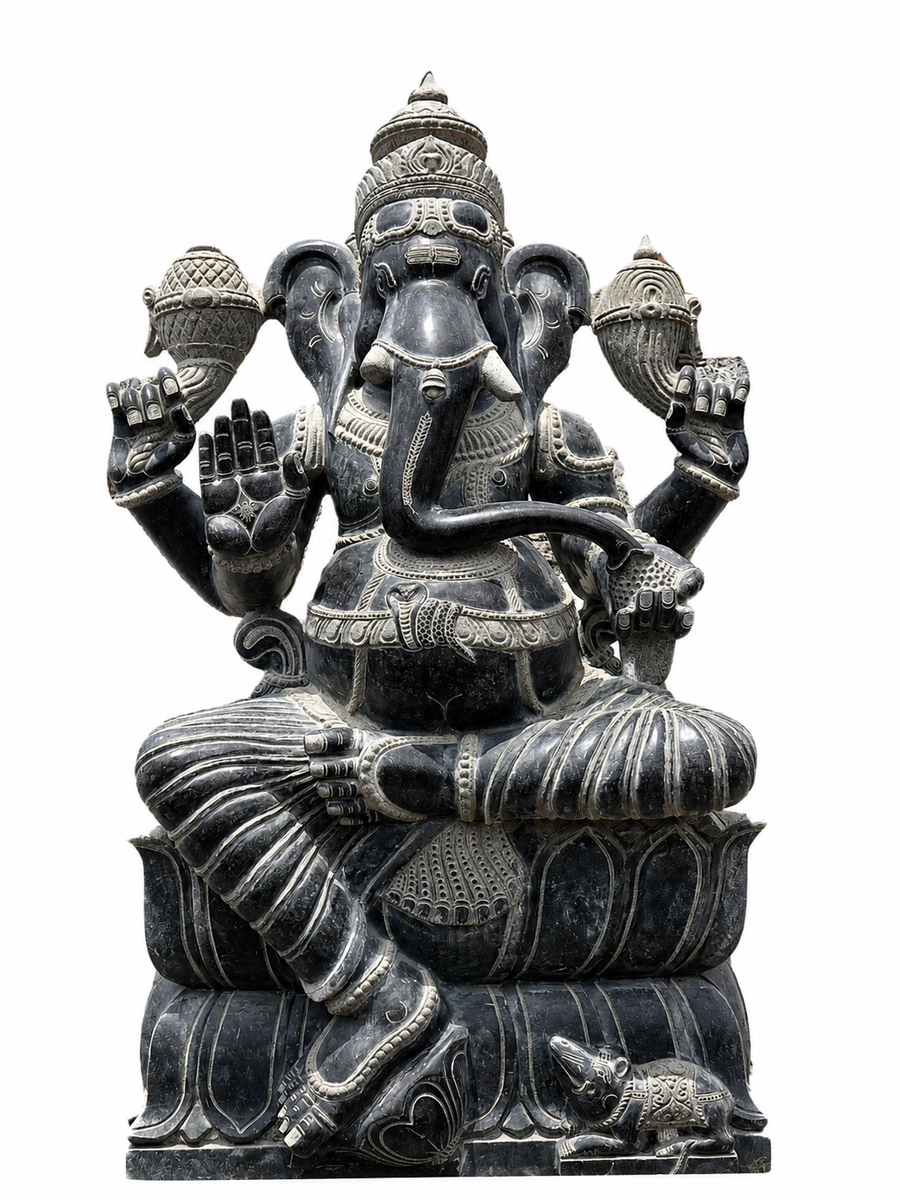 Hand-carved 6 ft Ganesha statue in natural stone, product view 1 highlighting the sculpture and carved details.