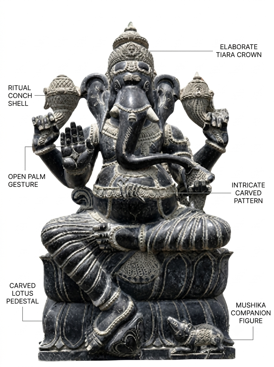 Hand-carved 6 ft Ganesha statue in natural stone, product view 2 highlighting the sculpture and carved details.