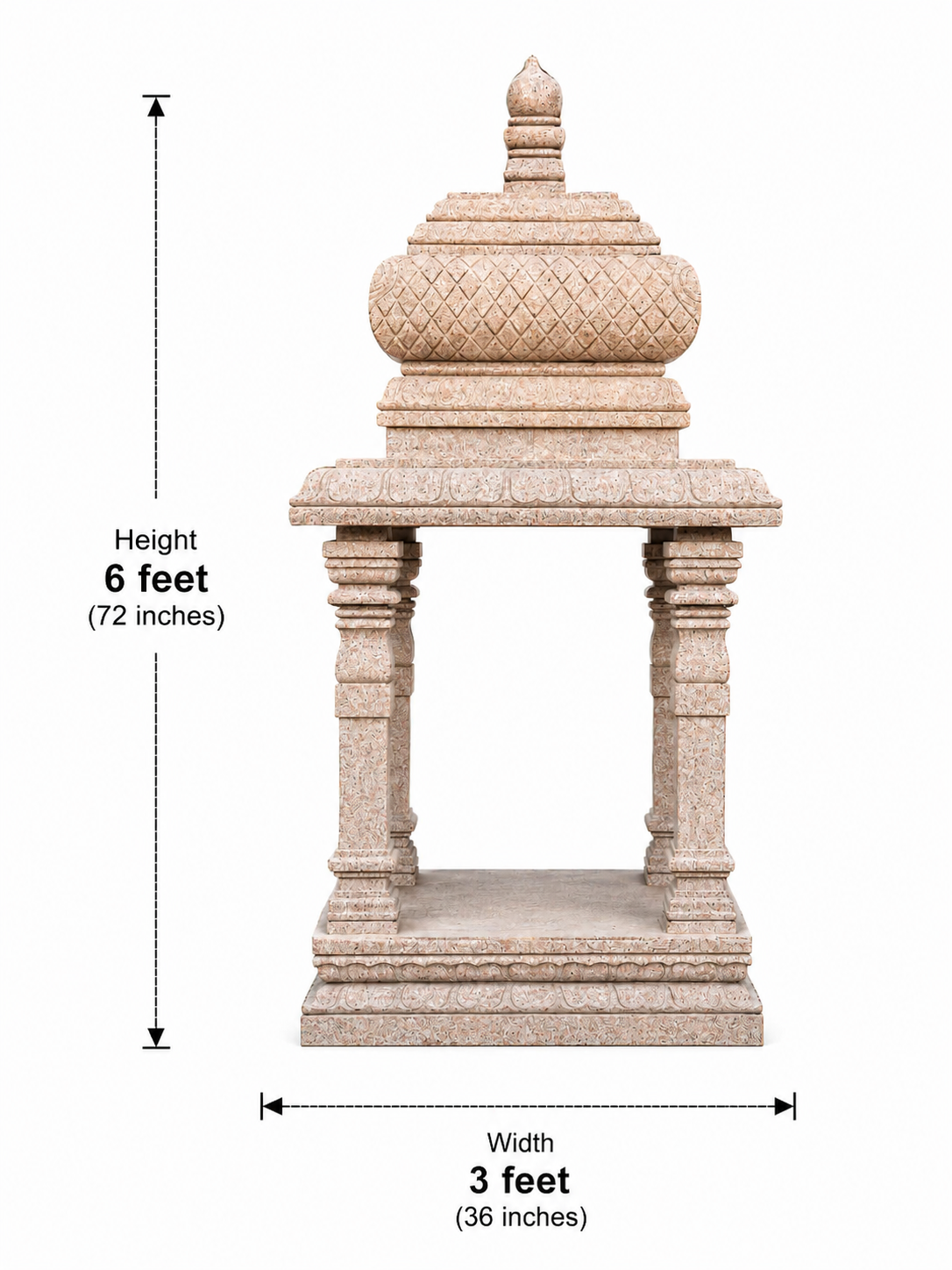 Dimension guide for a hand-carved 6 ft granite temple mandapam, showing its height and width on a white background.