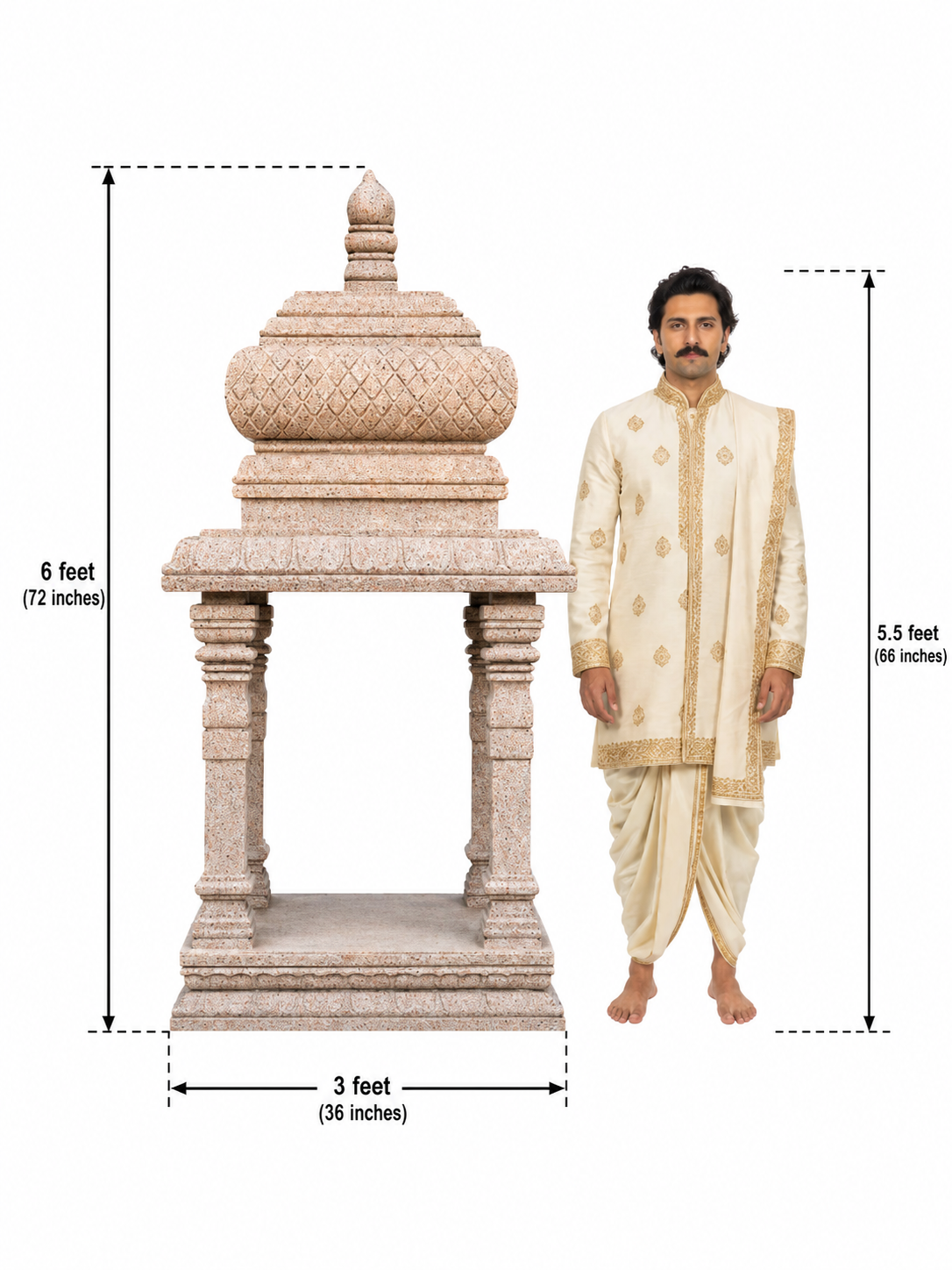 Hand-carved 6 ft granite temple mandapam shown beside an adult model for scale, with measurements on a white background.