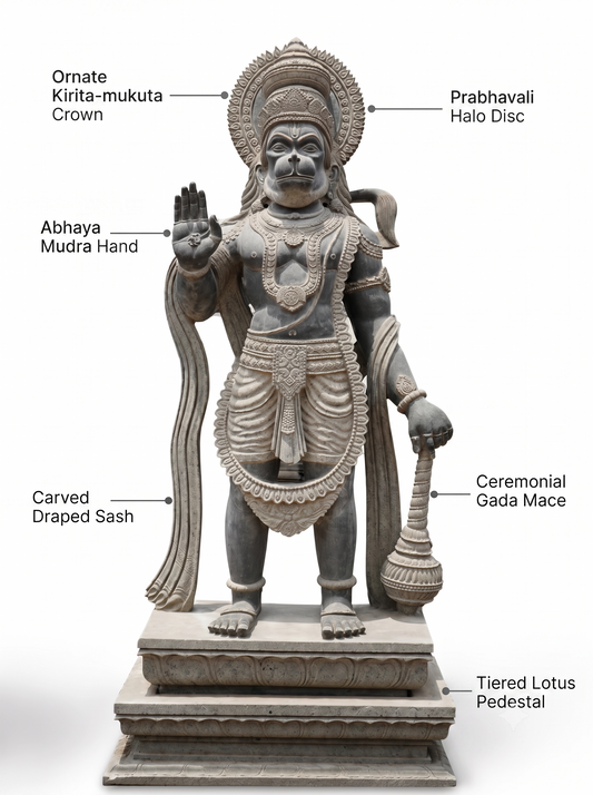 Hand-carved 6 ft Hanuman statue in natural stone, product view 2 highlighting the sculpture and carved details.