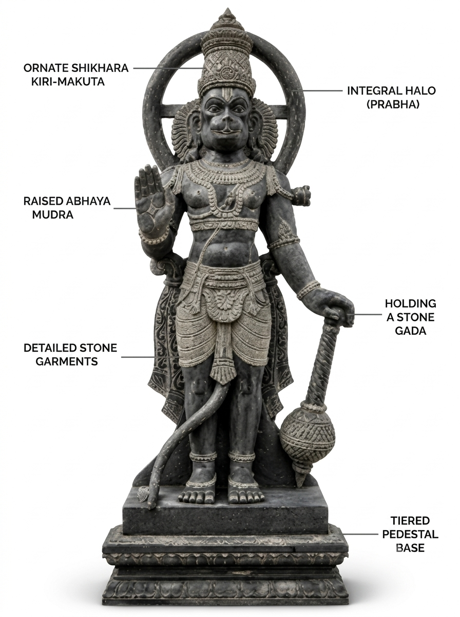 Hand-carved 6 ft Hanuman statue in natural stone, product view 2 highlighting the sculpture and carved details.