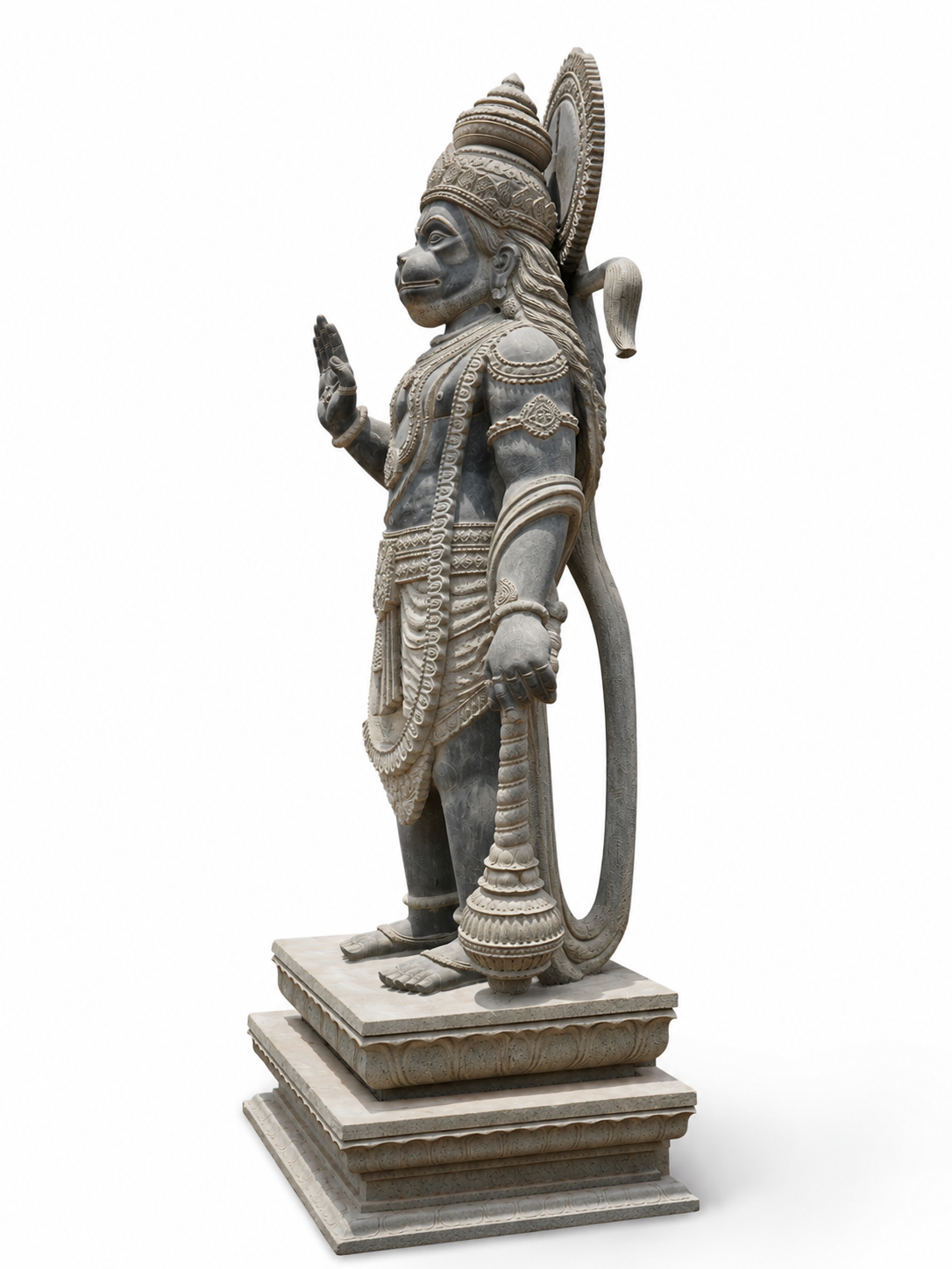 Hand-carved 6 ft Hanuman statue in natural stone, product view 3 highlighting the sculpture and carved details.