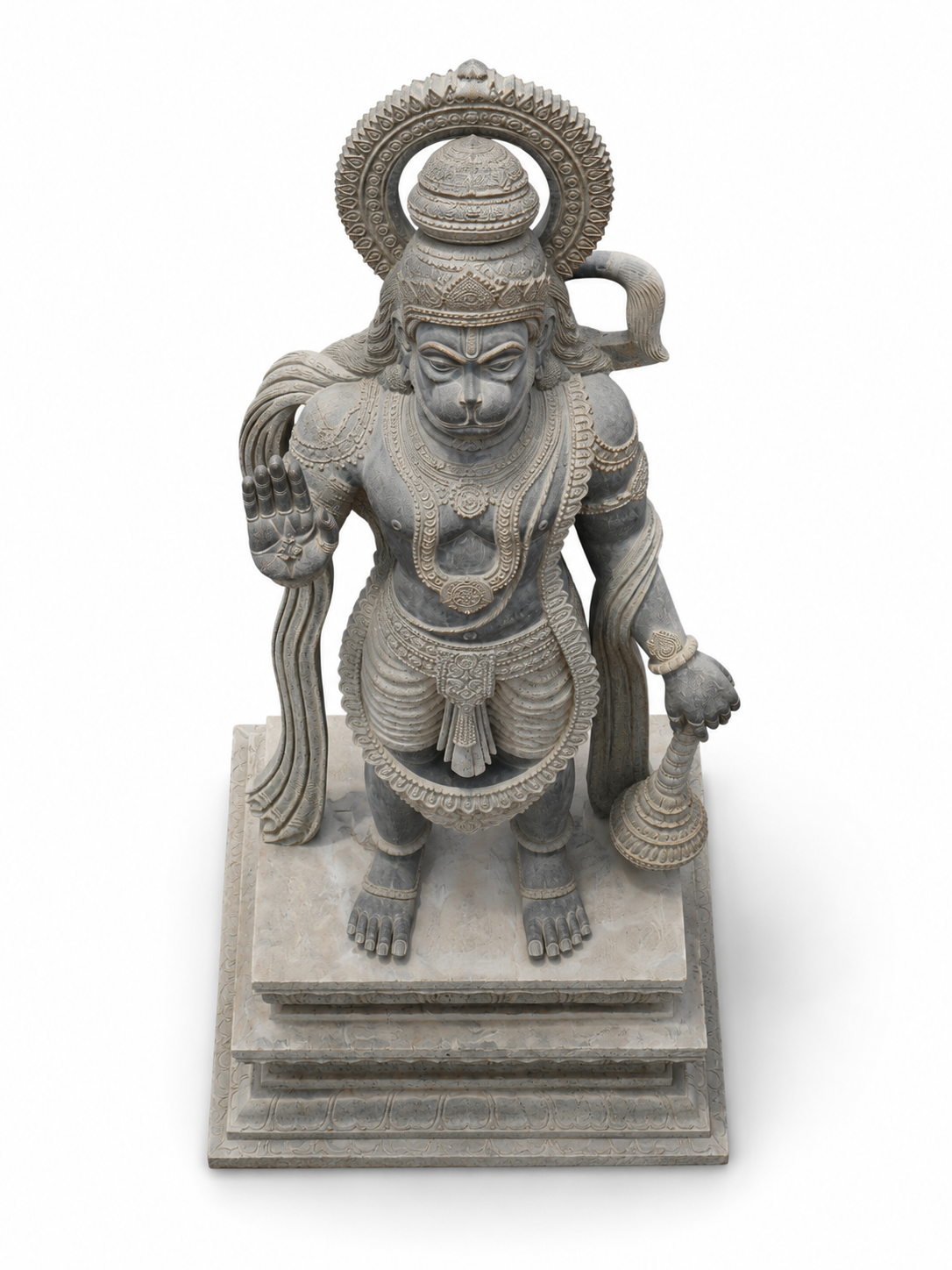 Hand-carved 6 ft Hanuman statue in natural stone, product view 4 highlighting the sculpture and carved details.
