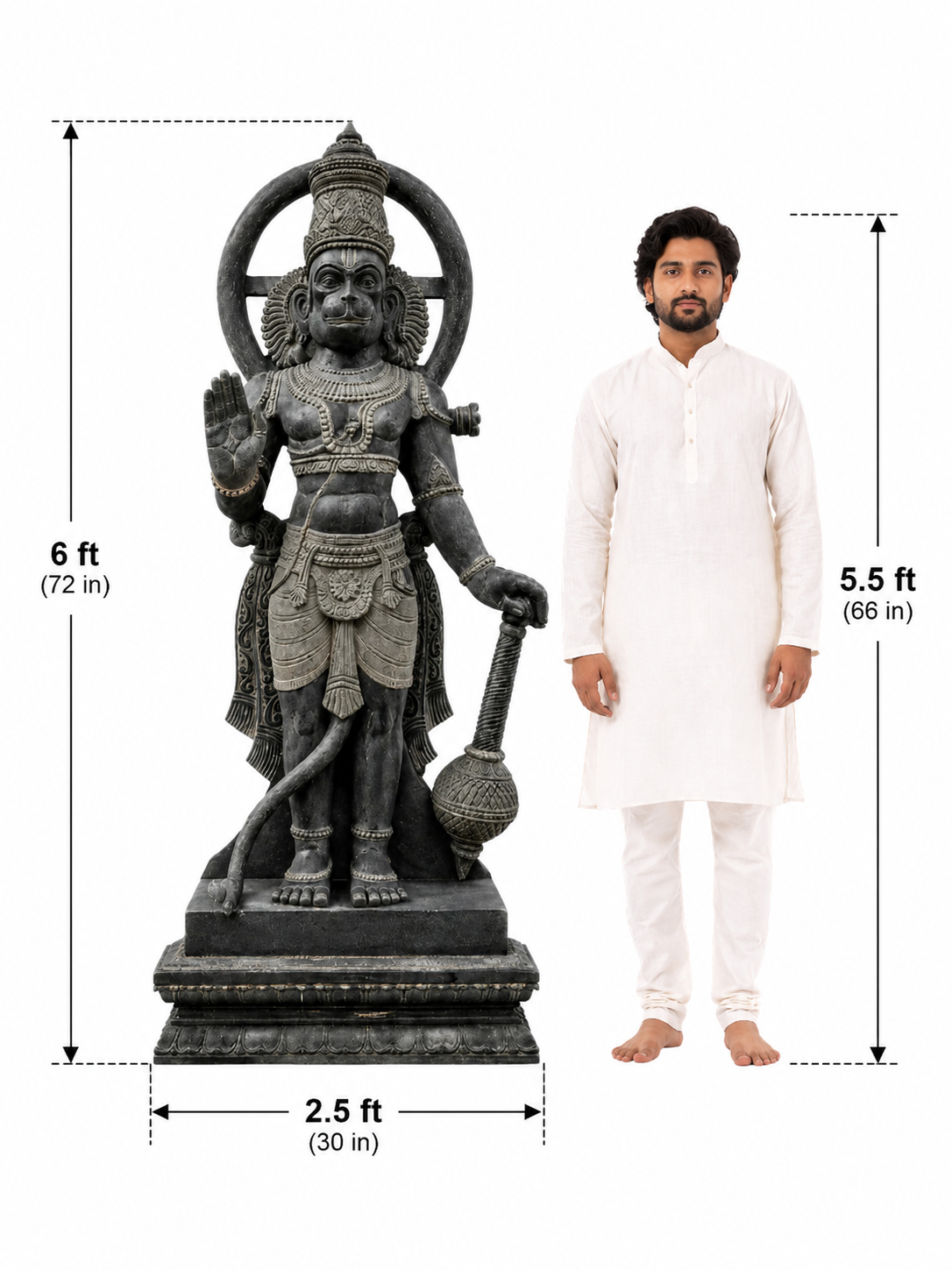 Hand-carved 6 ft Hanuman statue in natural stone, product view 4 highlighting the sculpture and carved details.