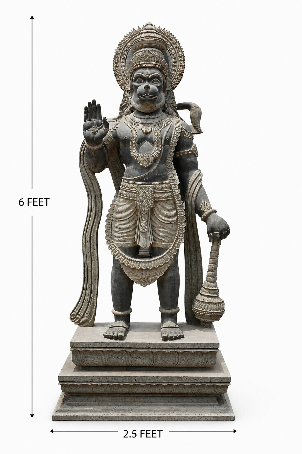 Hand-carved 6 ft Hanuman statue in natural stone, product view 5 highlighting the sculpture and carved details.