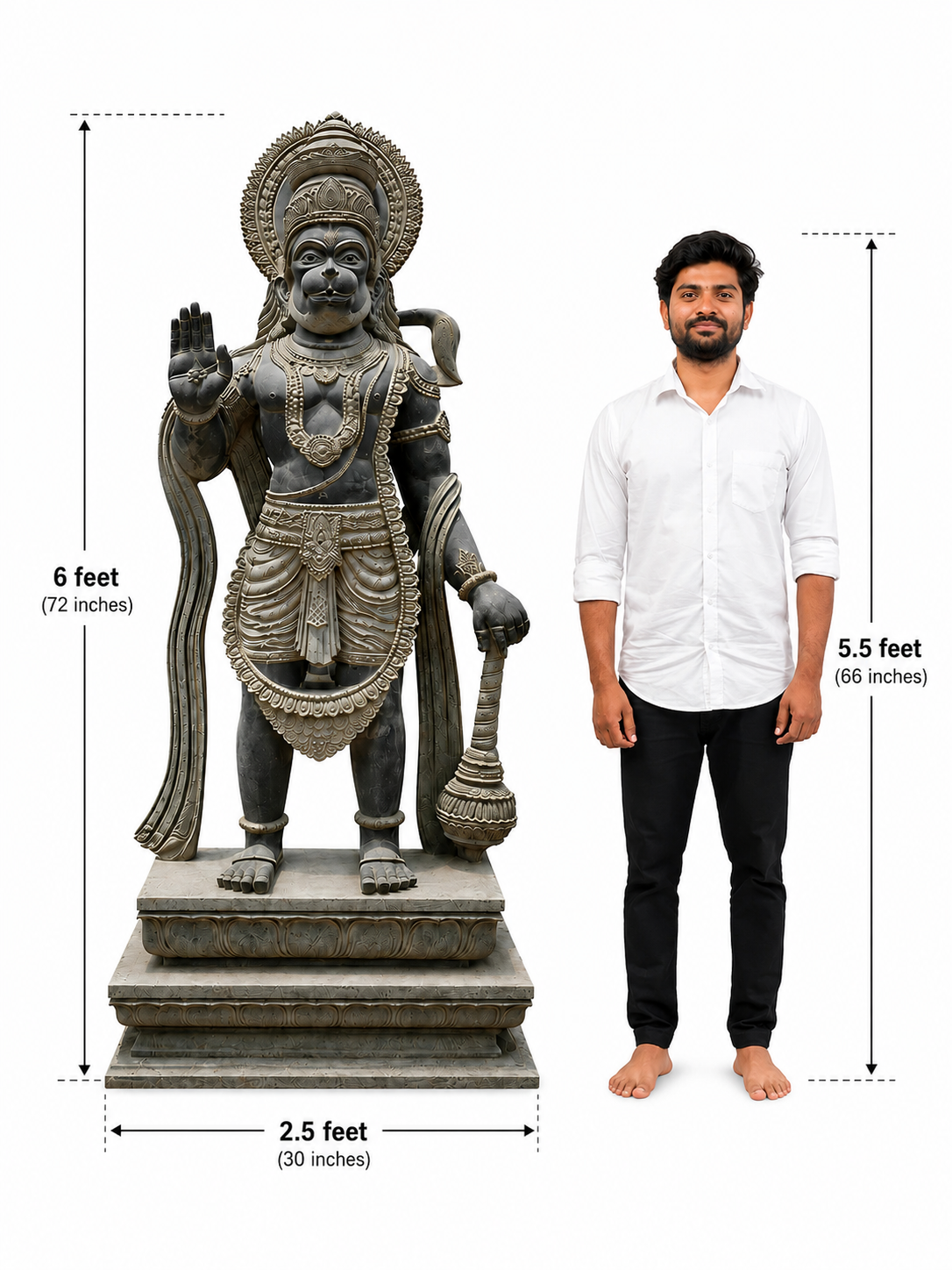 Hand-carved 6 ft Hanuman statue in natural stone, product view 6 highlighting the sculpture and carved details.