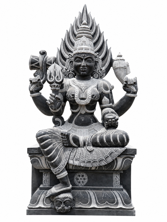Hand-carved 6 ft Mangala Gowri statue in natural stone, product view 1 highlighting the sculpture and carved details.