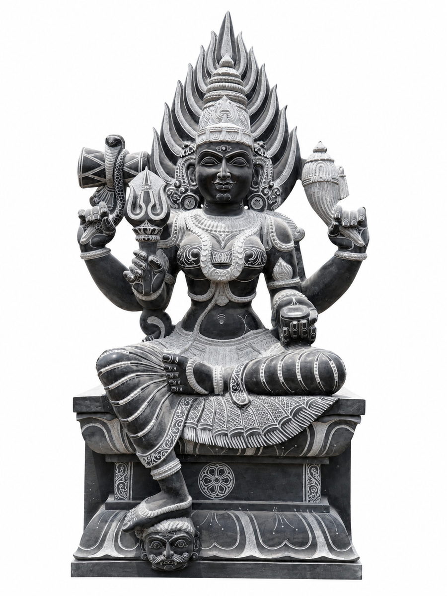 Hand-carved 6 ft Mangala Gowri statue in natural stone, product view 1 highlighting the sculpture and carved details.