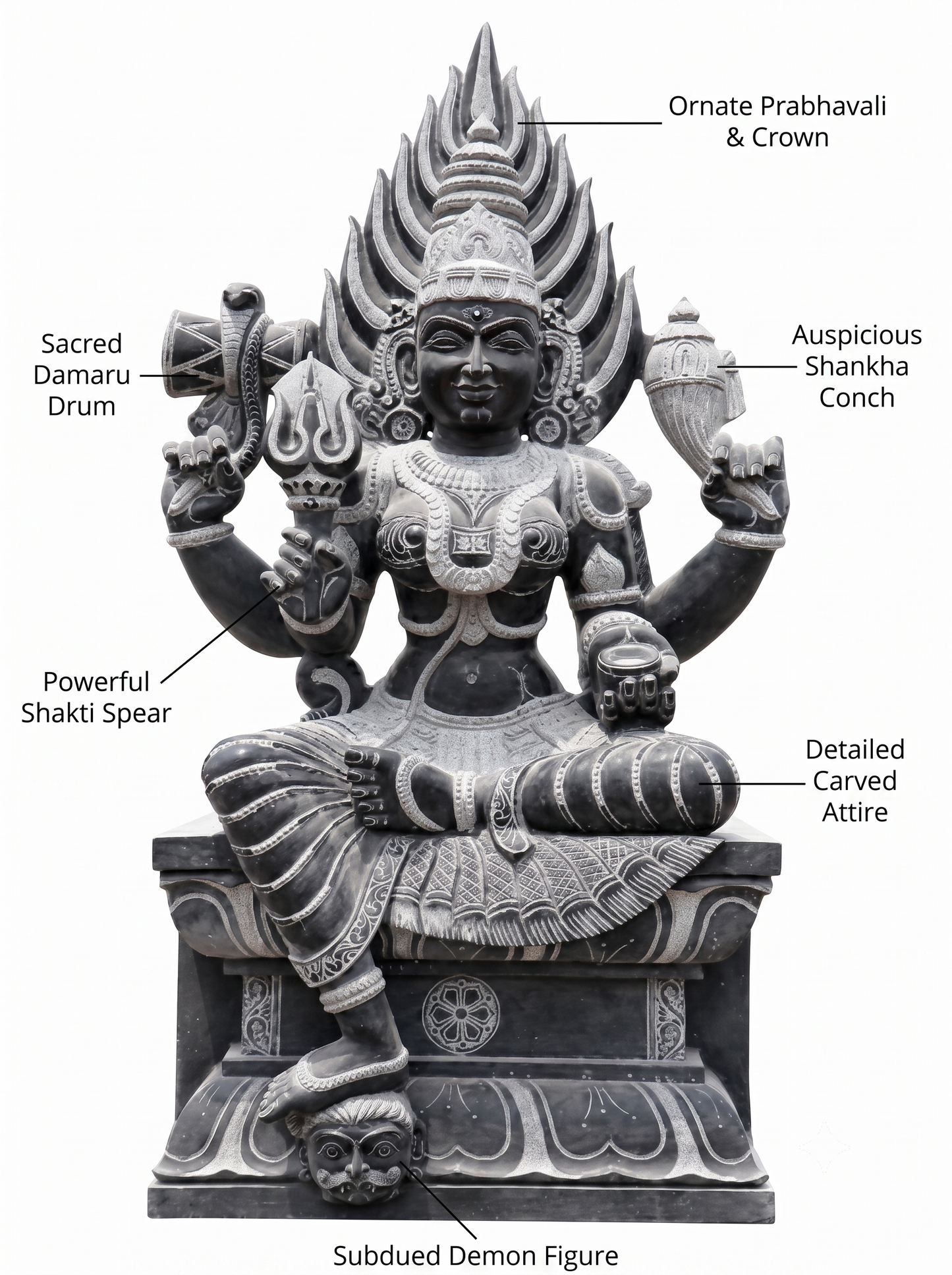 Hand-carved 6 ft Mangala Gowri statue in natural stone, product view 2 highlighting the sculpture and carved details.