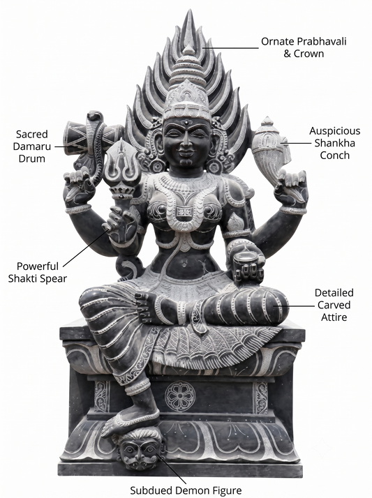 Hand-carved 6 ft Mangala Gowri statue in natural stone, product view 2 highlighting the sculpture and carved details.