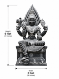 Dimension guide for a hand-carved 6 ft Mangala Gowri statue in polished black stone on a white background.