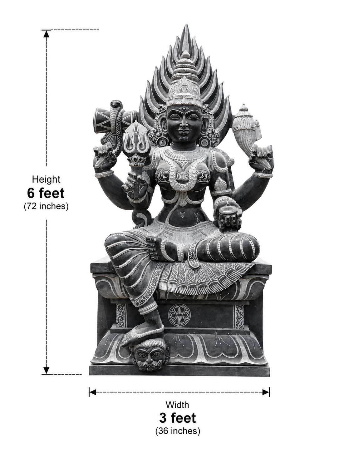 Dimension guide for a hand-carved 6 ft Mangala Gowri statue in polished black stone on a white background.