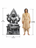 Hand-carved 6 ft Mangala Gowri statue in polished black stone shown beside an adult model for scale with measurements.