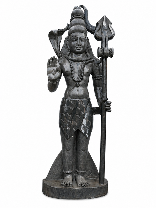 Hand-carved 6 ft Shiva statue in natural stone, product view 1 highlighting the sculpture and carved details.