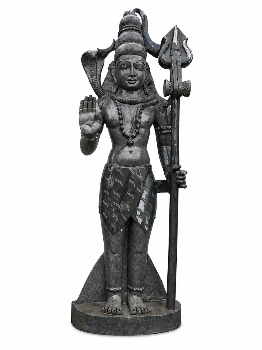 Hand-carved 6 ft Shiva statue in natural stone, product view 1 highlighting the sculpture and carved details.