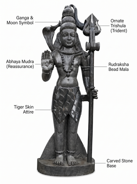 Hand-carved 6 ft Shiva statue in natural stone, product view 2 highlighting the sculpture and carved details.