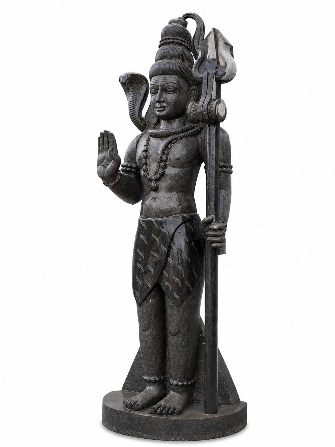 Hand-carved 6 ft Shiva statue in natural stone, product view 3 highlighting the sculpture and carved details.