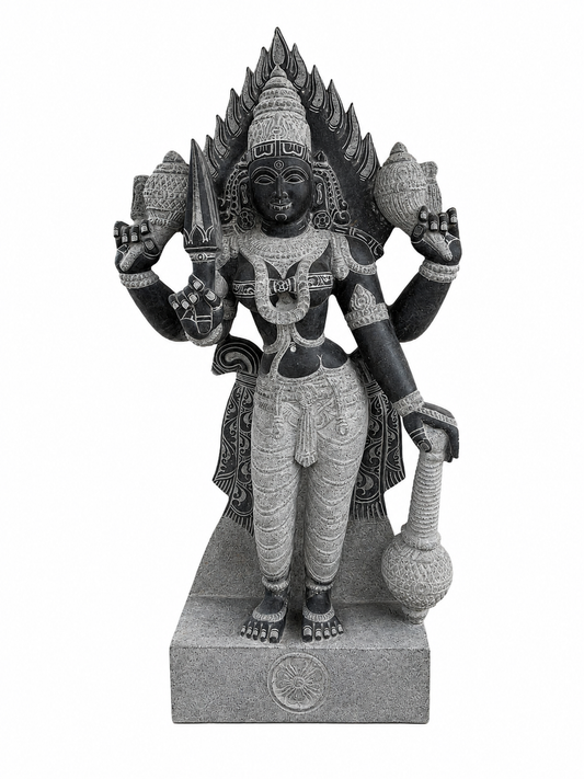 Hand-carved 6 ft Thuvara Sakthi statue in natural stone, product view 1 highlighting the sculpture and carved details.