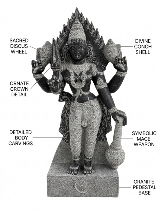 Hand-carved 6 ft Thuvara Sakthi statue in natural stone, product view 2 highlighting the sculpture and carved details.