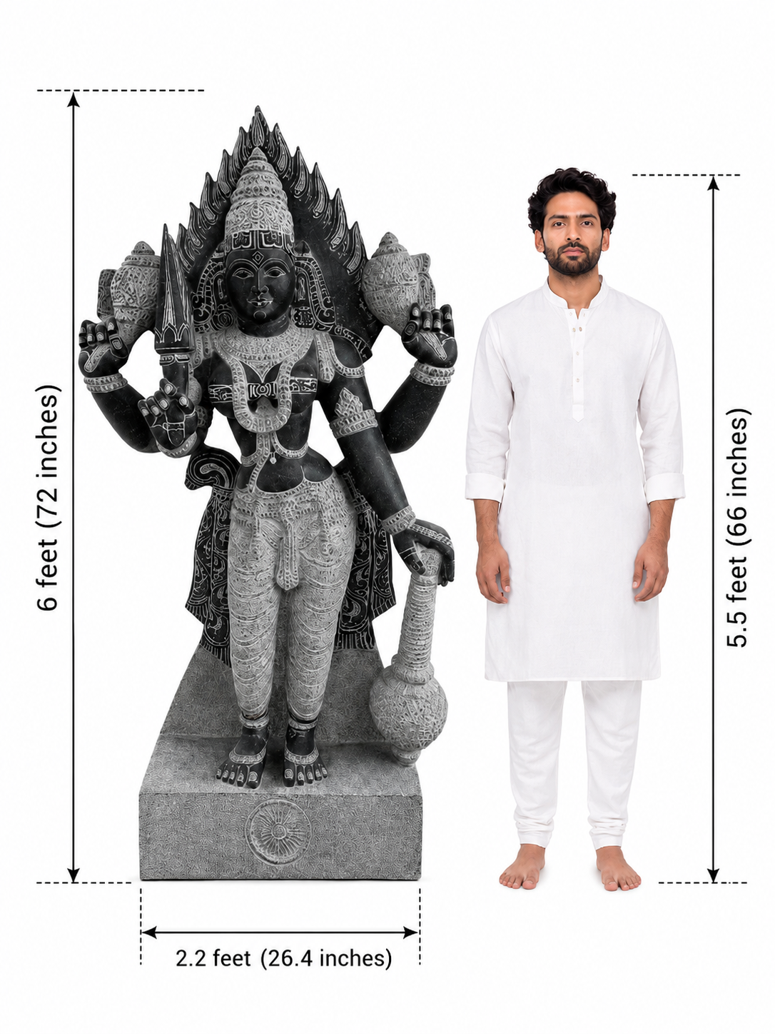Hand-carved 6 ft Thuvara Sakthi statue in natural stone, product view 6 highlighting the sculpture and carved details.