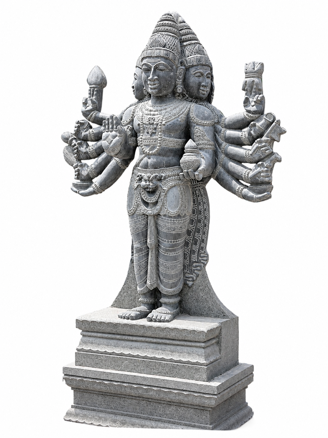 Hand-carved 8.5 ft Arumuga Swamy statue in natural stone, product view 1 highlighting the six-faced deity form and carved details.
