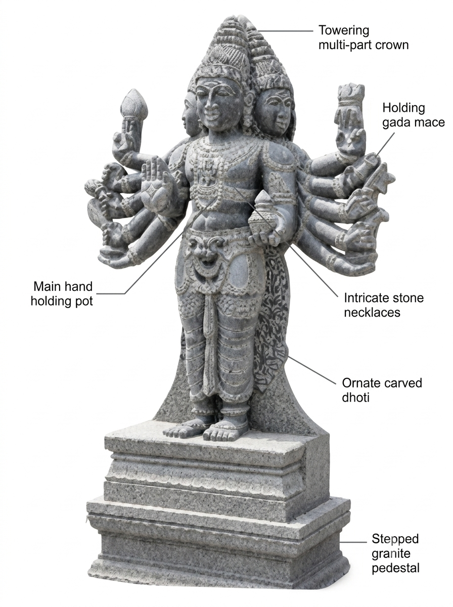 Hand-carved 8.5 ft Arumuga Swamy statue in natural stone, product view 2 highlighting the six-faced deity form and carved details.