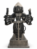 Hand-carved 8.5 ft Arumuga Swamy statue in natural stone, product view 3 highlighting the six-faced deity form and carved details.