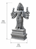 Dimension guide for a hand-carved 8.5 ft Arumuga Swamy statue in polished black stone on a white background.