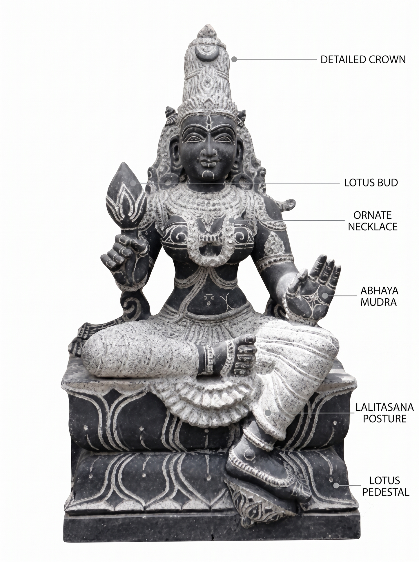 Hand-carved Adi Lakshmi statue in natural stone, product view 2 highlighting the goddess form and carved details.