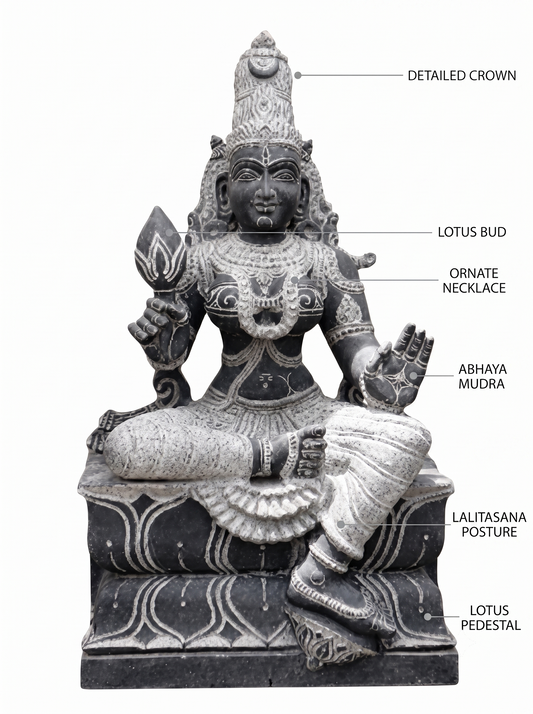 Hand-carved Adi Lakshmi statue in natural stone, product view 2 highlighting the goddess form and carved details.