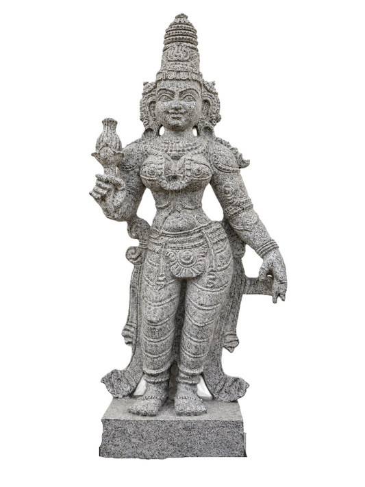 Hand-carved Gowri Amman statue in natural stone, product view 1 highlighting the goddess form and carved details.