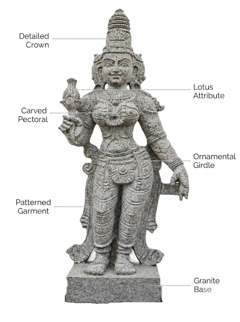 Hand-carved Gowri Amman statue in natural stone, product view 2 highlighting the goddess form and carved details.