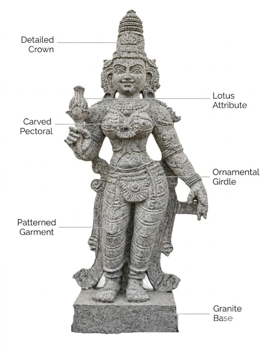 Hand-carved Gowri Amman statue in natural stone, product view 2 highlighting the goddess form and carved details.