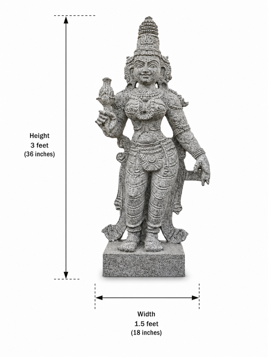 Hand-carved Gowri Amman statue in natural stone, product view 3 highlighting the goddess form and carved details.