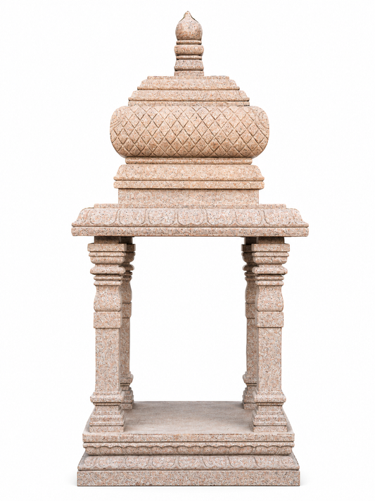 Hand-carved granite temple mandapam in natural stone, product view 1 highlighting the pillars and carved architectural details.