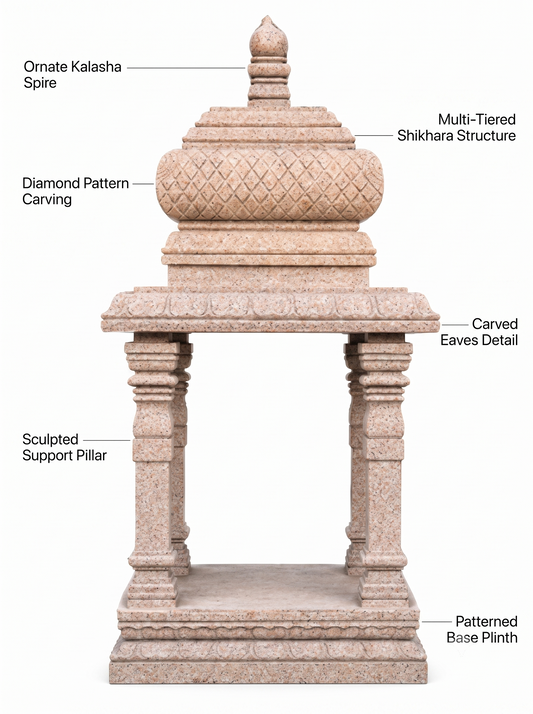 Hand-carved granite temple mandapam in natural stone, product view 2 highlighting the pillars and carved architectural details.