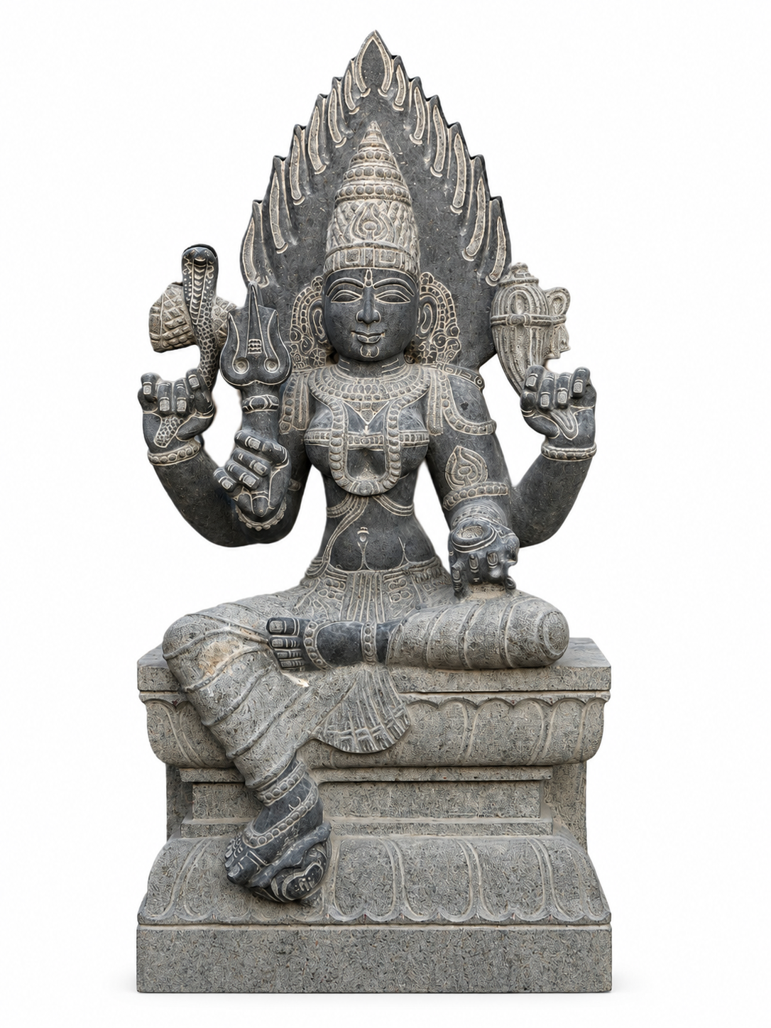 Hand-carved Karumari Amman statue in natural stone, product view 1 highlighting the goddess form and carved details.