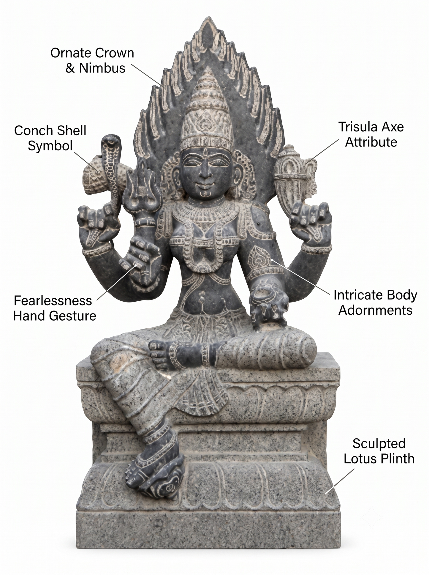 Hand-carved Karumari Amman statue in natural stone, product view 2 highlighting the goddess form and carved details.