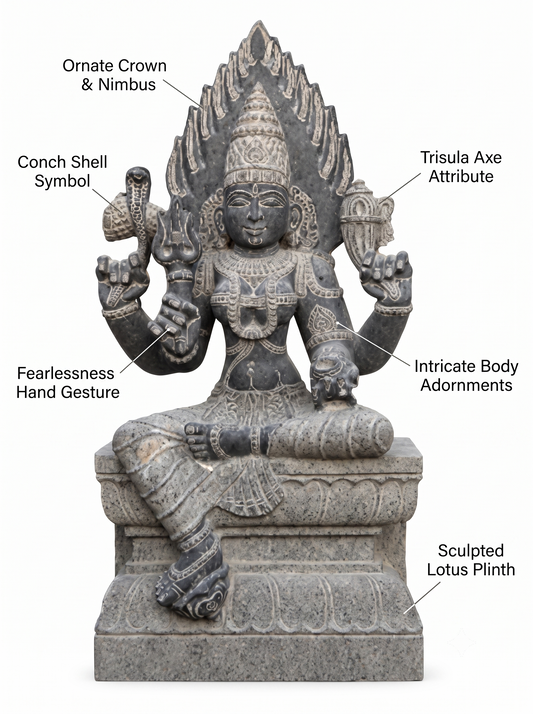 Hand-carved Karumari Amman statue in natural stone, product view 2 highlighting the goddess form and carved details.