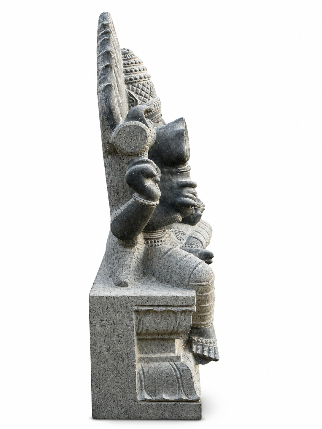 Hand-carved Karumari Amman statue in natural stone, product view 3 highlighting the goddess form and carved details.