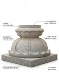 Angled product view of a hand-carved Lotus Balipeedam pedestal in polished stone on a white background.