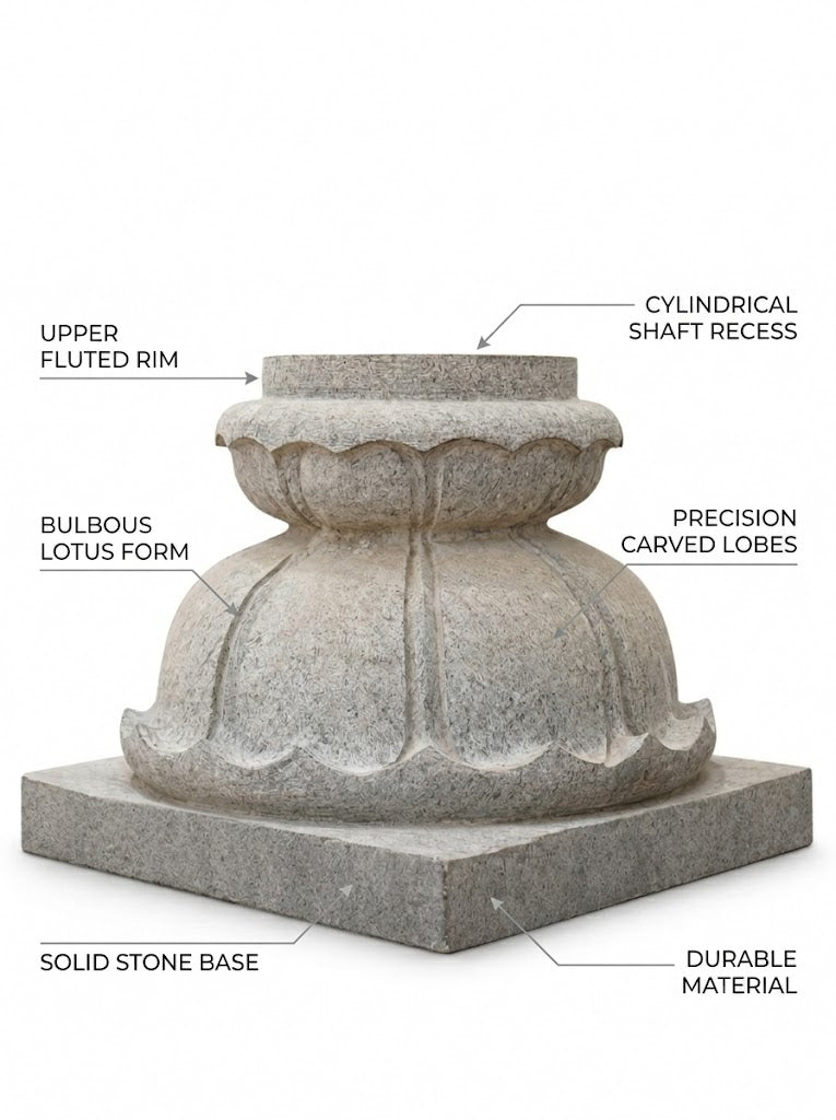 Angled product view of a hand-carved Lotus Balipeedam pedestal in polished stone on a white background.