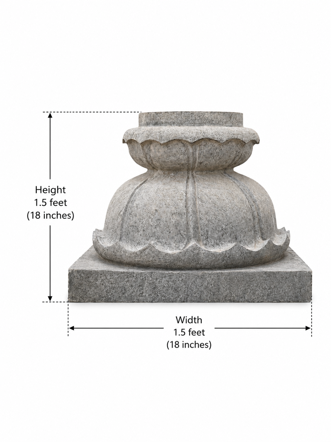 Dimension guide for a hand-carved Lotus Balipeedam stone pedestal showing height and width on a white background.