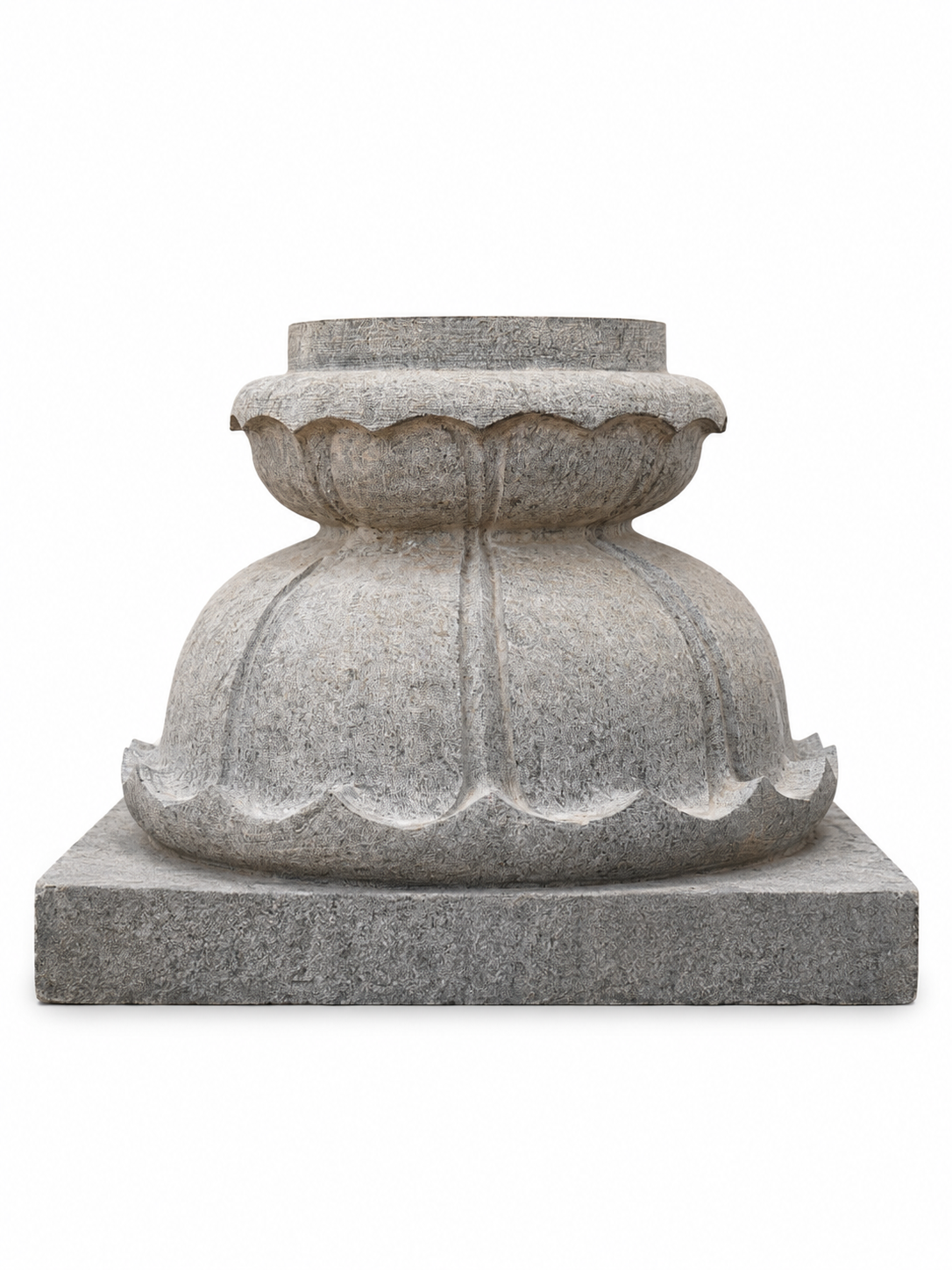 Front product view of a hand-carved Lotus Balipeedam pedestal in polished stone on a white background.