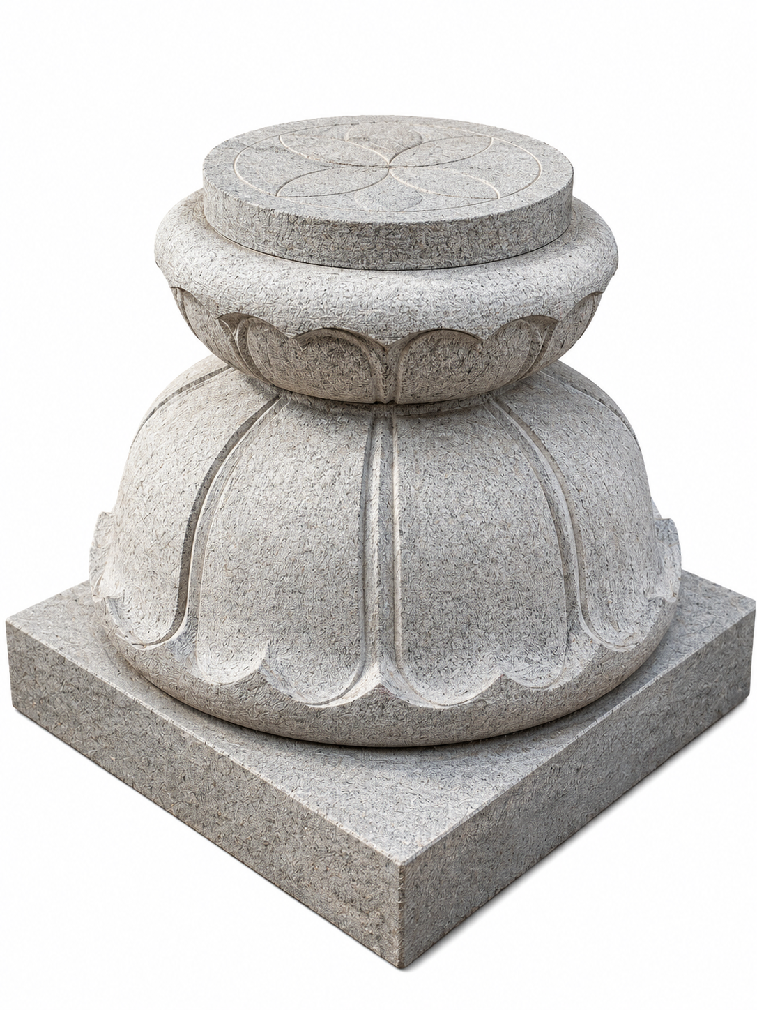 Hand-carved Lotus Balipeedam stone pedestal, product view 2 highlighting the lotus form and carved details.