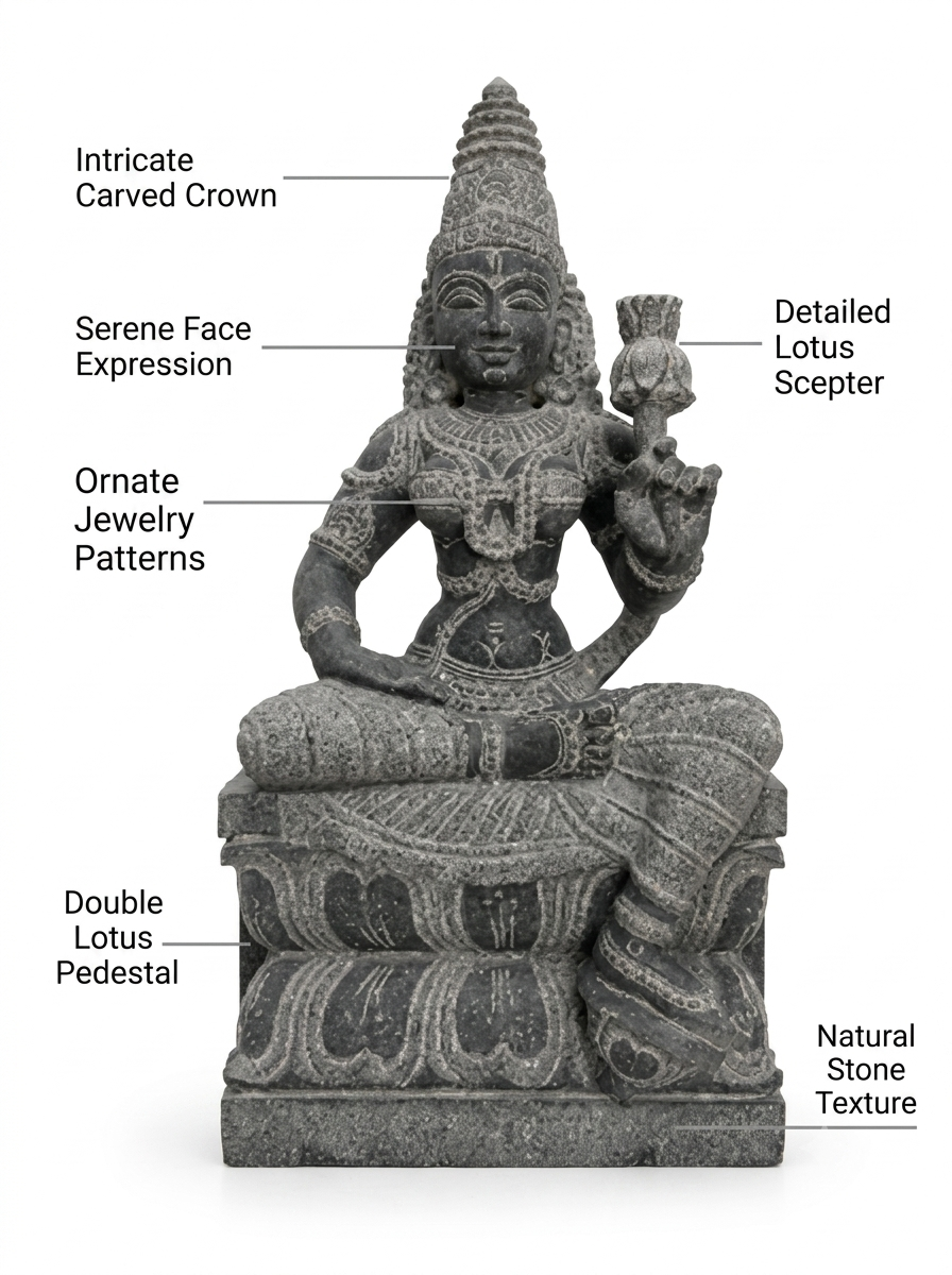 Hand-carved Mahalakshmi statue in natural stone, product view 2 highlighting the goddess form and carved details.