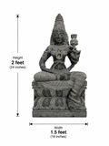 Dimension guide for a hand-carved Mahalakshmi statue in polished black stone on a white background.