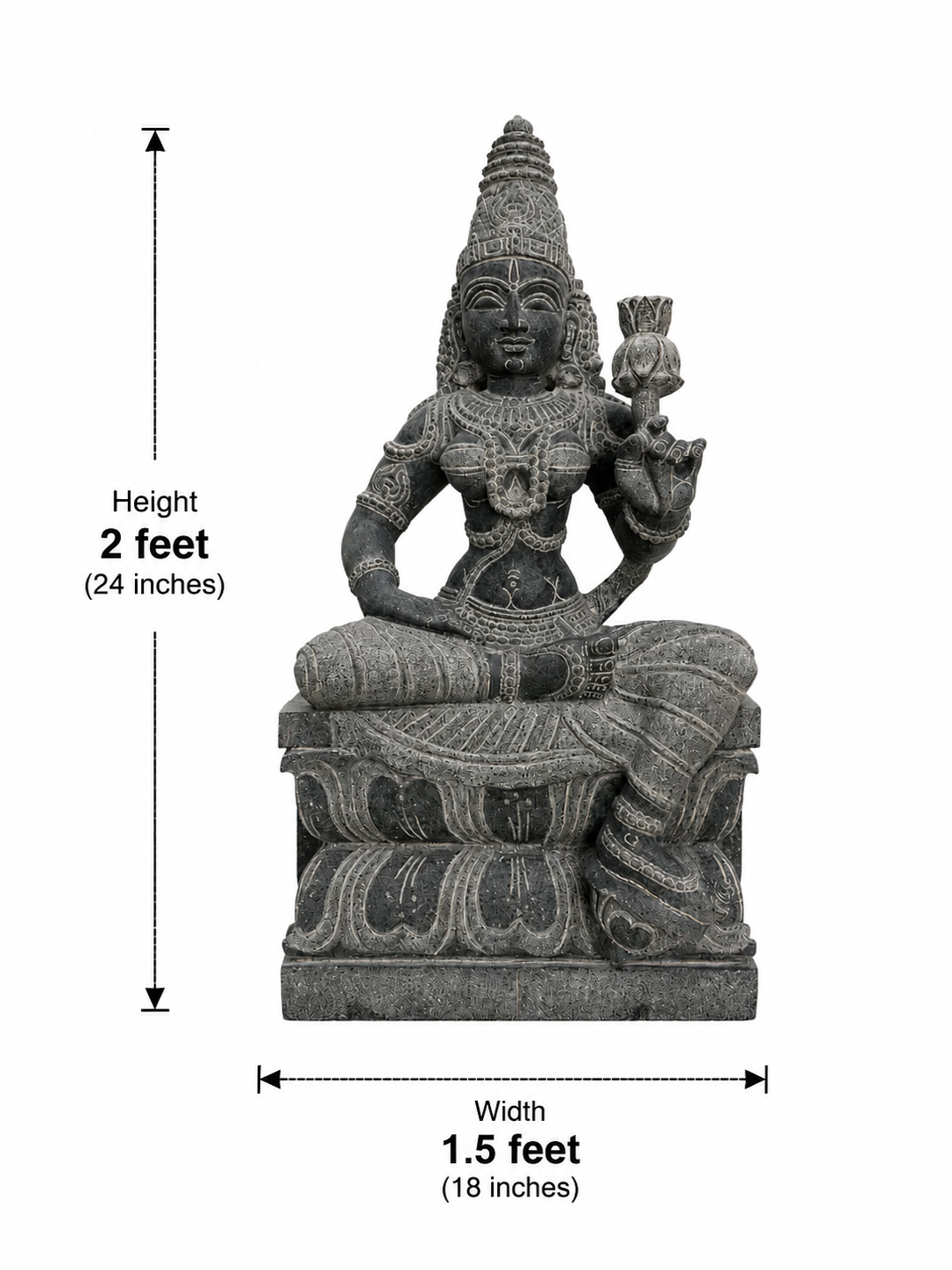 Dimension guide for a hand-carved Mahalakshmi statue in polished black stone on a white background.